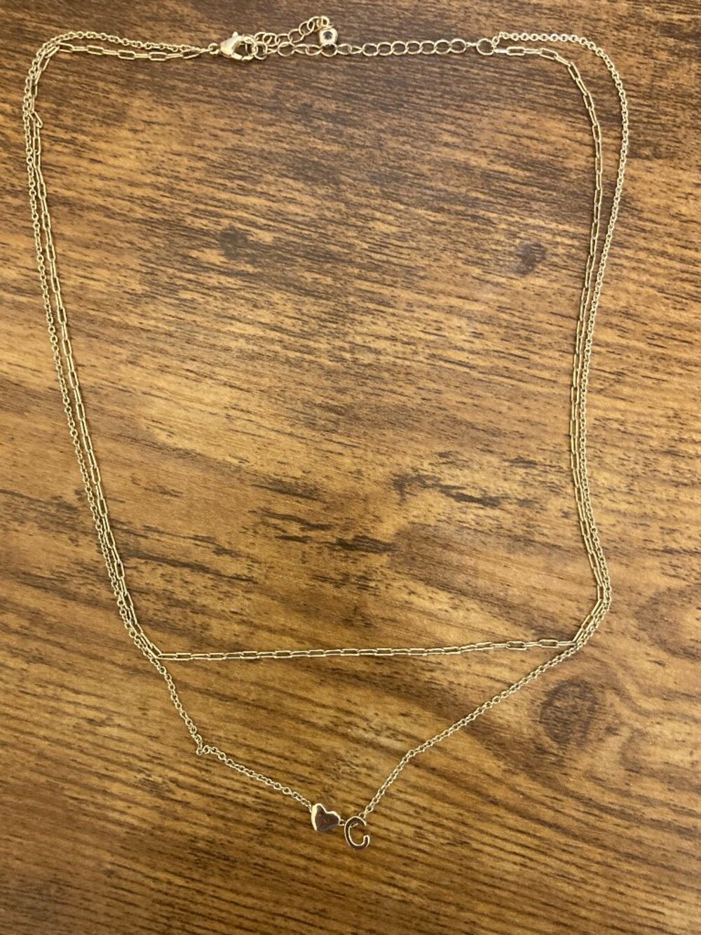 Gold Double Chain C and Heart Charm Necklace